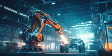 Generative AI Mechanized industry of future factory double exposure image . Concept of robotics technology for industrial revolution and automated manufacturing process .の素材