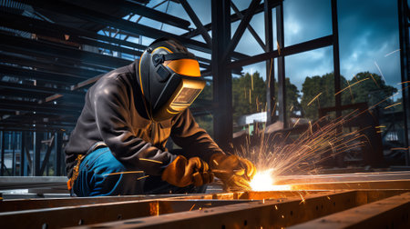 Generative AI A man worker welding the seams between the metal beams indoorsの素材