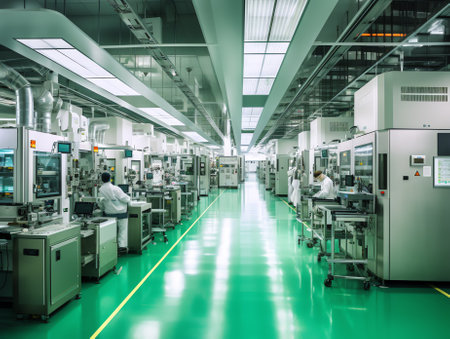 Generative AI Advanced Processor during Production at Semiconductor Foundry in Bright Environment.の素材