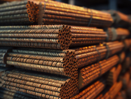 Generative AI Red hot steel metal wire rods or coils after molten steel casting. Continuous casting machine. Background of the blacksmith and metallurgical industry.の素材