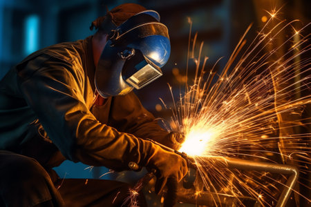 Generative AI A young man welder in brown uniform, welding mask and welders leathers, weld metal with a arc welding machine at the construction site, blue sparks fly to the sidesの素材