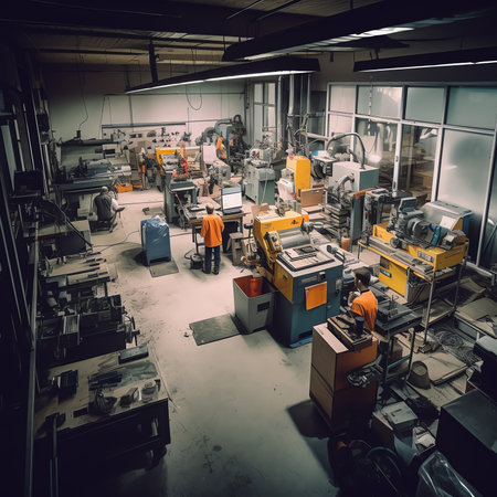 Generative AI Mechanical workshop with people, equipment and tools.の素材