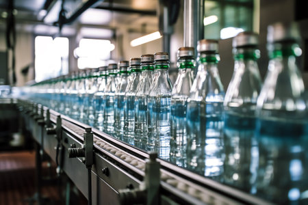 Bottling line of mineral water in bottles at the beverage factory.の素材