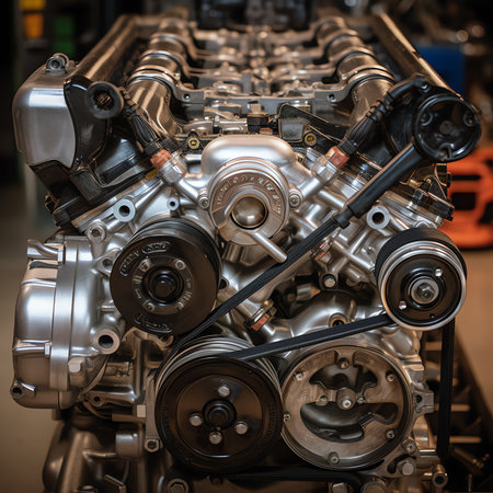 Generative AI the car engine is disassembled from the side of the belt and the timing rollers at a shallow depth of fieldの素材