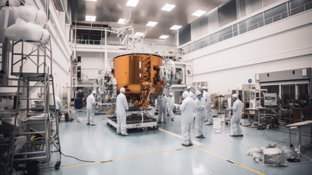 Generative AI Satellite Under Construction in Dark Aerospace Technology Manufacturing Facility. Development of Spacecraft for Space Exploration, Navigation, Communications, Internet Telecommunication, Observation.の素材