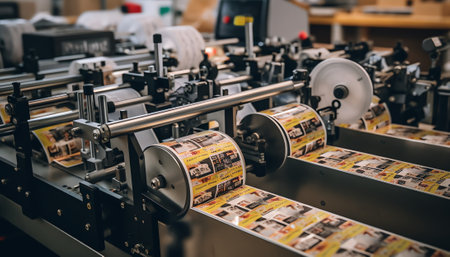 Generative AI TTR ribbon on shaft of winding machine in the printing house. Black roll wax ribbon for thermal transfer for a special barcode printer. Consumables materials for barcode printing. Selective focusの素材