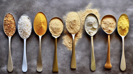 Generative AI Different kinds of pelleted compound feed in bowls and spoons on wood table, copy spaceの素材