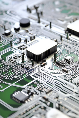 Generative AI Close-up macro shot of a laser cut stainless steel stencil for solder paste application of printed circuit boards (PCB) for surface mounted (SMT) electronic componentsの素材