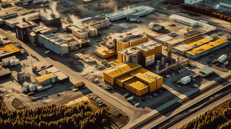 Generative AI Aerial view to industrial zone and technology park on Karlov suburb of Pilsen city in Czech Republic, Europe. European industry from above.の素材