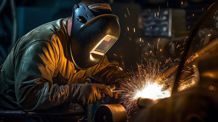 Generative AI Welder is welding flux cored arc welding ,Industrial welding part in Oil and Gas or Petrochemical,Copy spaceの素材
