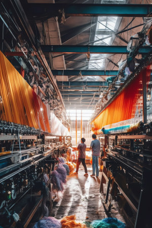 Generative AI Cotton thread spinning machines, beautiful images from the interior of a spinning factoryの素材