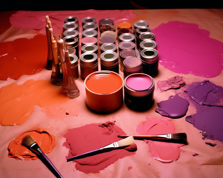 Paint brushes and paints on a background of pink and purple paintの素材