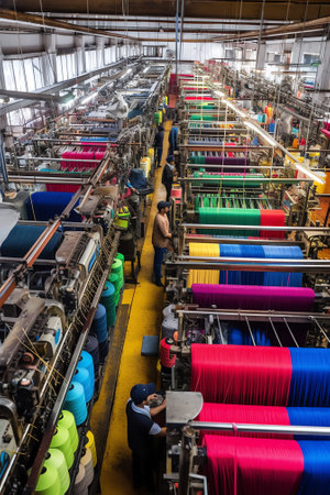 Generative AI Textile industry - yarn spools on spinning machine in textile factory.の素材