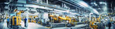 Generative AI Abstract blurred group of people in industrial factory and warehouse room background for industryの素材