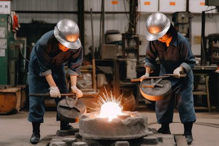 Industrial workers are working in a metallurgy factory. They are using a torch to cut metal.の素材