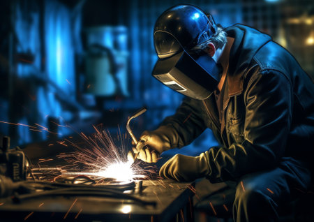 Generative AI Locksmith in special clothes and goggles works in production. Metal processing with angle grinder. Sparks in metalworking.の素材