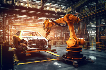 Generative AI Car Factory 3D Concept: Automated Robot Arm Assembly Line Manufacturing High-Tech Green Energy Electric Vehicles. Construction, Building, Welding Industrial Production Conveyor. Elevated Wide Shotの素材