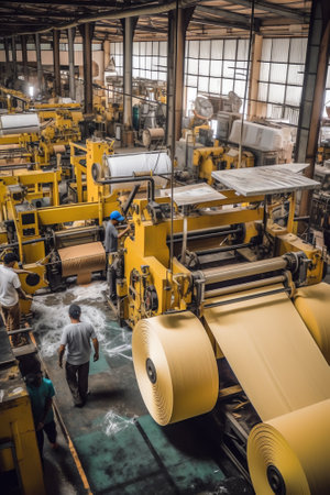 Generative AI Paper production plant. Plant on production of paper towels. fragment of the industrial machineの素材