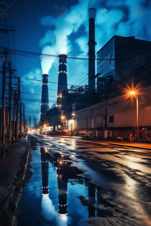 Generative AI cement factory at nightの素材