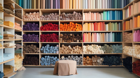 Generative AI Rolls of fabric and textiles in a factory shop or store or bazar. Multi different colors and patterns on the market. Industrial fabrics.の素材