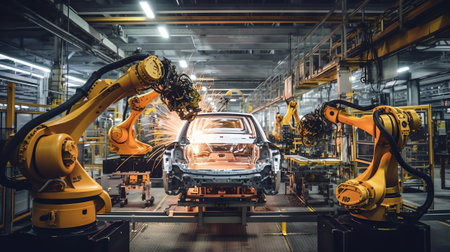 Generative AI The welding robots represent the movement in the automotive parts industryの素材