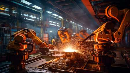 Generative AI Team welding Robot movement Industrial automotive part in factoryの素材