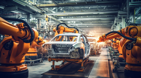 Generative AI Team welding robots represent the movement. In the automotive parts industry.の素材