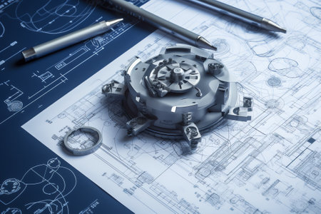 Generative AI Engineer technician designing drawings mechanical parts engineering Engine manufacturing factory Industry Industrial work project blueprints measuring bearings caliper toolsの素材