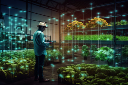 Generative AI Smart farming ,agriculture concept. Using data augmented mixed virtual reality integrate artificial intelligence combine deep, machine learning, digital twin, 5G, industry 4.0 technology to improve.の素材
