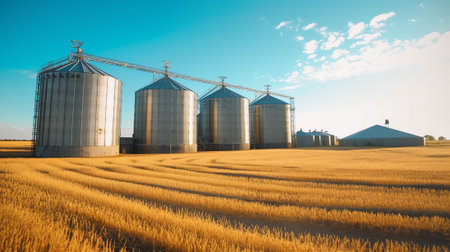 Generative AI Modern Granary elevator. Silver silos on agro-processing and manufacturing plant for processing drying cleaning and storage of agricultural products, flour, cereals and grain.の素材