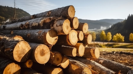 Generative AI Stacked wood logs against blue sky - lumber or timber industry conceptの素材