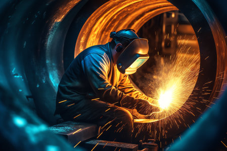 Generative AI Welder is welding in the spiral welded large pipe. The spiralweld manufacturing process is one of the most cost effective ways to produce steel pipe. Spiralweld pipe is manufactured from steel coil.の素材