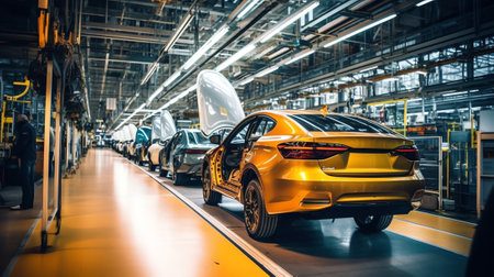 Generative AI Automobile production line. Welding car body. Modern car assembly plant. Top viewの素材
