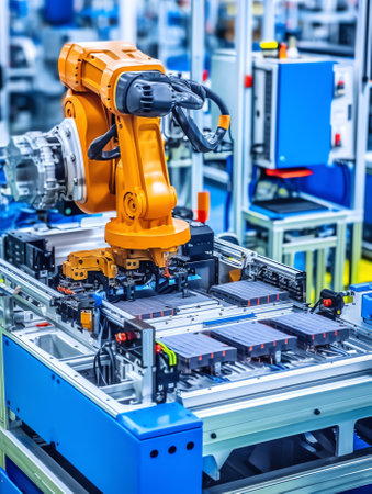 Generative AI Top View of Solar Panel Assembly Line with Robot Arms at Modern Bright Factory. Solar Panel Production Prodcess at Automated Facilityの素材