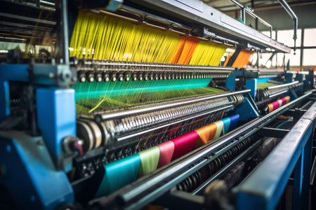 Generative AI Pray, Italy - July 22, 2019: Industrial machine weaving plaid fabric at the Trabaldo Togna Clothes and fabric manufacturerの素材
