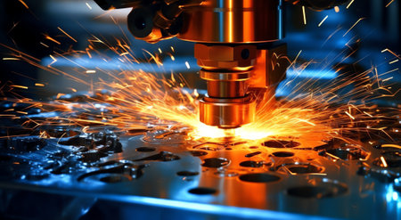 Generative AI Lot of sparks from metal. Sawing became close-up. Details of industrial production. Bright lights.の素材
