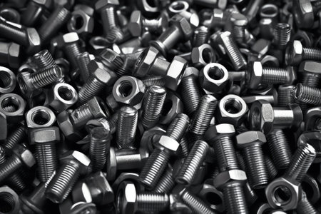 Generative AI View of the bolts and nuts (fasteners). A bolt is a form of threaded fastener with an external male thread. Bolts are very closely related to screws. Bolts are often used to make a bolted joint.の素材