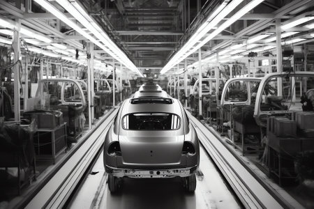 Generative AI Car manufacturing factory, car rack on the assembly lineの素材