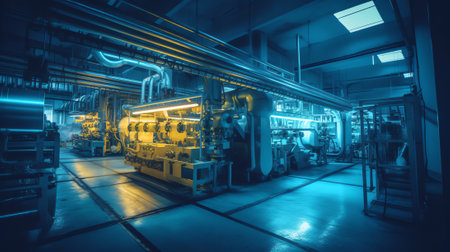Generative AI Toned collage. Piece of typical industrial space. Concept of manufacturing and industrial business, Industry background. Selective focus. Wide panoramic image. Horizontal banner.の素材