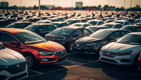 Generative AI Newly made passenger SUVs cars parked in a row among other manufacturer models awaiting it's final pre-sale preparation. Visible transportation logistic protective equipment. Dusk light. Car front.の素材