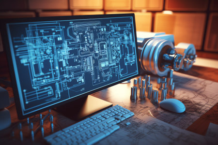 Generative AI Close Up of a Computer Monitor Display with 3D CAD Software with Prototype Turbine Motor Project. Interface with Vital Setting and Programming Options for the Industrial Engine Prototype.の素材