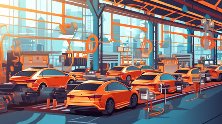Generative AI Car bodies are on assembly line. Modern automotive industry. A car being checked before being painted in a high-tech enterpriseの素材
