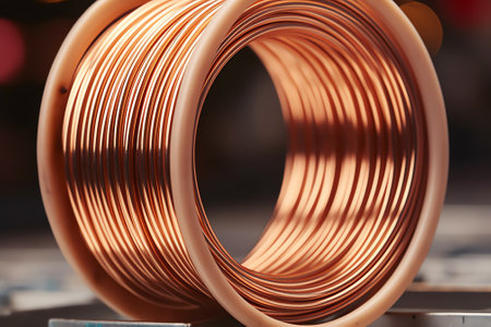 Generative AI Copper wire cable production in coils, metal steel industrial plant.の素材