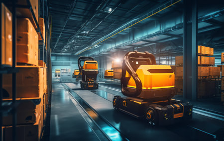 Generative AI Factory 4.0 concept. Industrial robot in smart warehouse system for manufacture factoryの素材