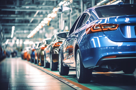 Generative AI Factory floor, car production line, motion blur picture.の素材