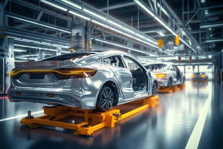 Generative AI Automobile assembly line production.Car factory. Car parts. Engine factory.の素材