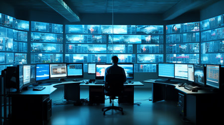 Generative AI Several monitors are docked side by side. Empty place of dispatcher. Security monitors. Concept - monitors from surveillance cameras. Copy spaces on displays. Displays for monitoring safetyの素材