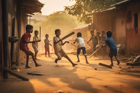 Generative AI JALGAON, MAHARASHTRA, INDIA - 23 MARCH 2021 : Farmer's children playing games in the fieldの素材