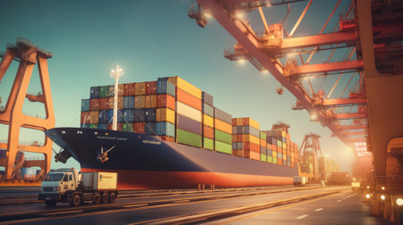 Generative AI Container loading in a Cargo freight ship with industrial crane. Container ship in import and export business logistic company. Industry and Transportation concept.の素材