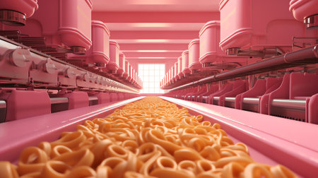 Generative AI Food factory, industrial conveyor belt or line with process of preparation of sweet cookies, bakery and food production concept, tonedの素材